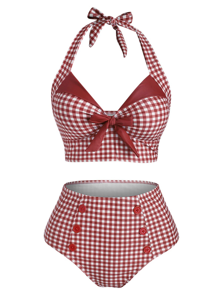 Maillot de Bain à Col Licou Noir à Carreaux