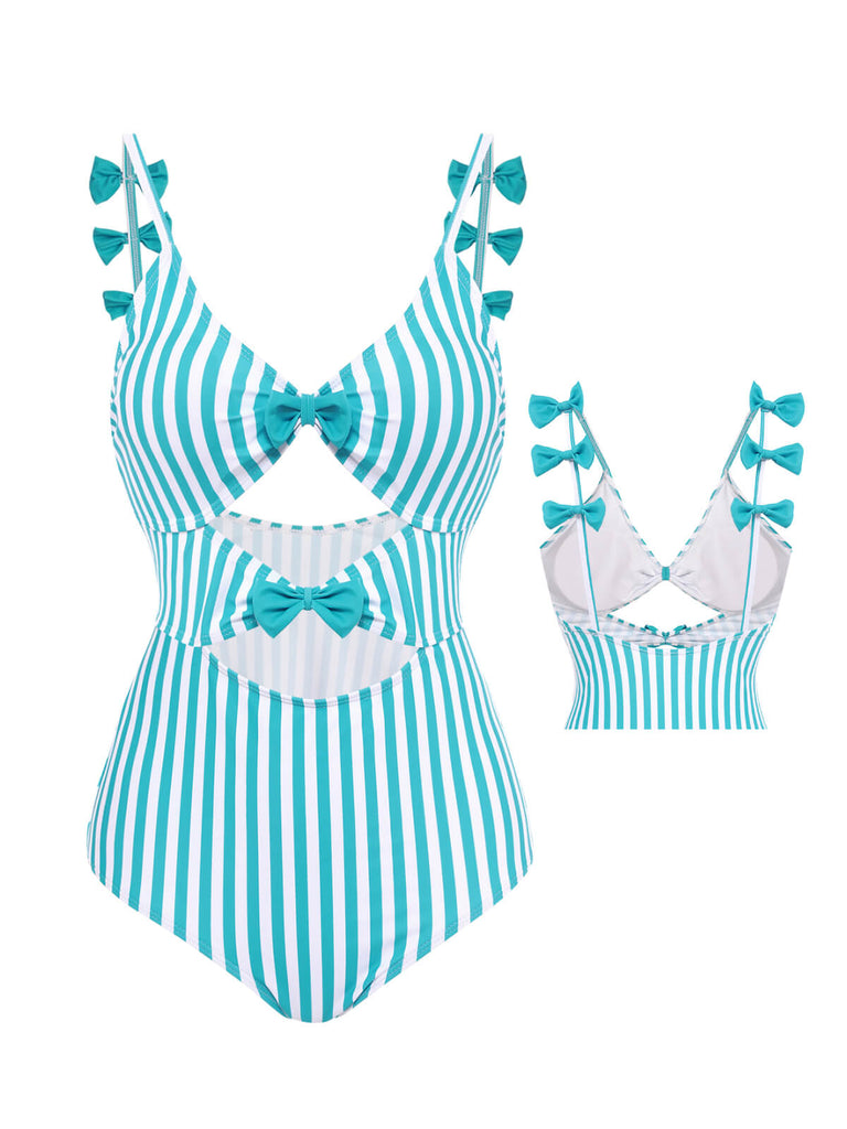 Maillot de bain Une Pièce à Rayures Bleue et Nœud Papillon