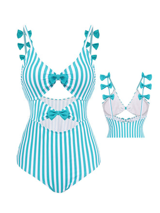 Maillot de bain Une Pièce à Rayures Bleue et Nœud Papillon