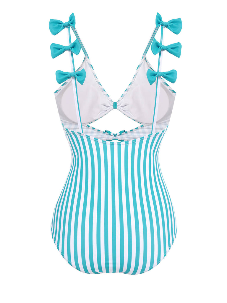 Maillot de bain Une Pièce à Rayures Bleue et Nœud Papillon