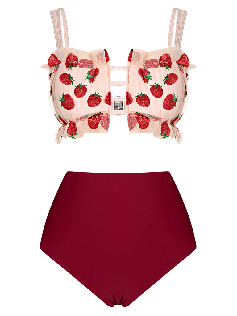 Maillot de bain rouge 1940s à bretelles résille fraise