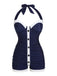 Maillot de bain bleu marine à licou plissé années 1950