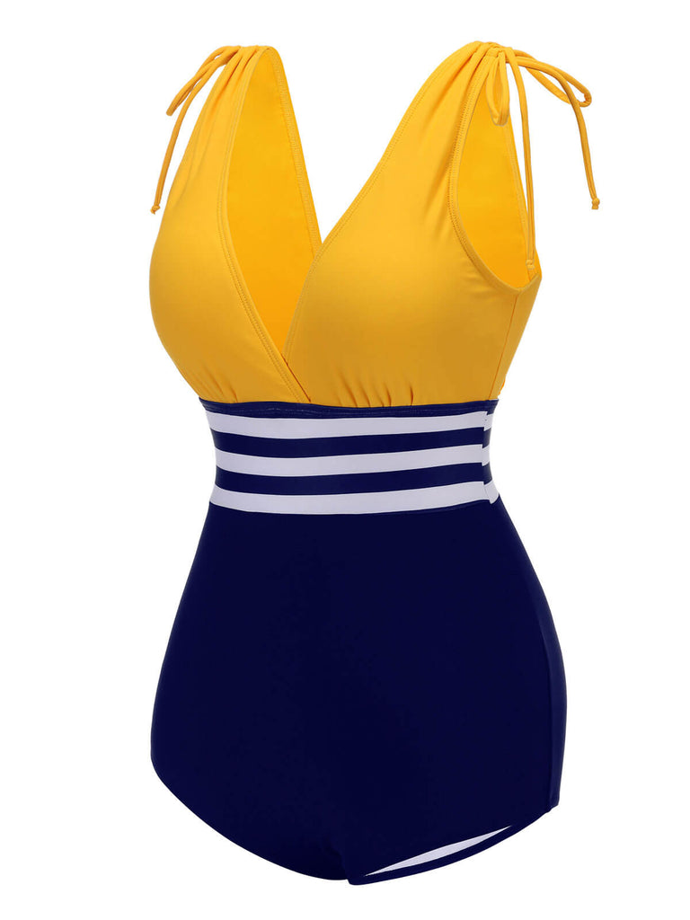 Maillot de bain rayé jaune et bleu années 50 à lacets