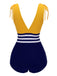 Maillot de bain rayé jaune et bleu années 50 à lacets