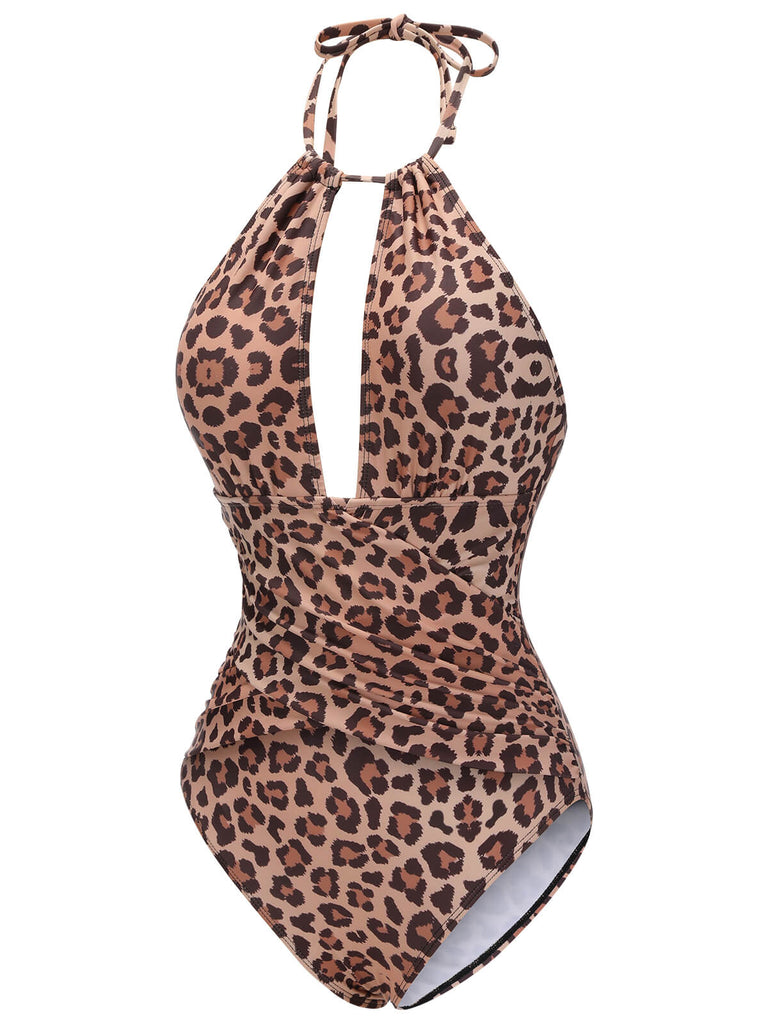 Maillot de bain marron léopard col V années 30