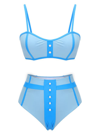Maillot de bain bleu années 50 patchwork boutonné à bretelles