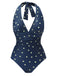 Maillot de bain bleu marine licou patchwork à pois des années 1960