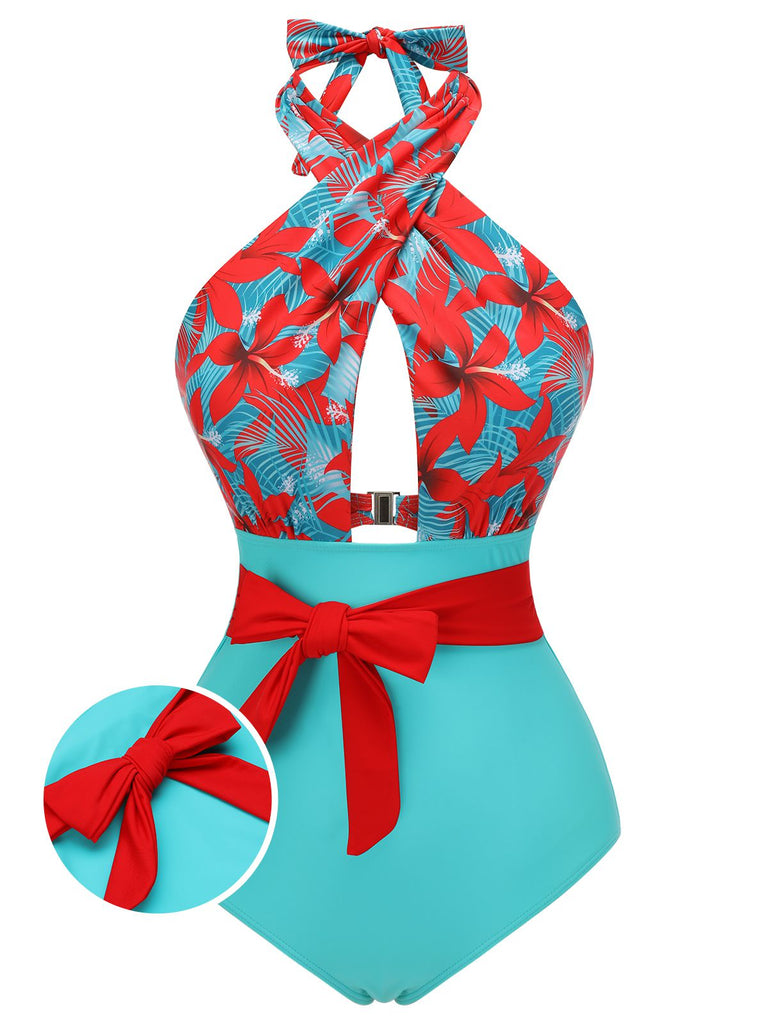 Maillot de bain fleuri à bretelles croisées avec nœud papillon années 1950