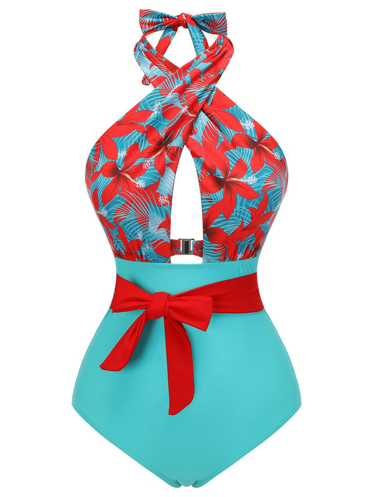 Maillot de bain fleuri à bretelles croisées avec nœud papillon années 1950