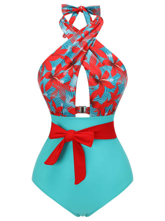 Maillot de bain fleuri à bretelles croisées avec nœud papillon années 1950