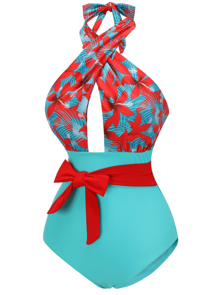 Maillot de bain fleuri à bretelles croisées avec nœud papillon années 1950