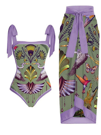Maillot de bain et cache maillot à lacets motif d'animaux style tribal années 1950