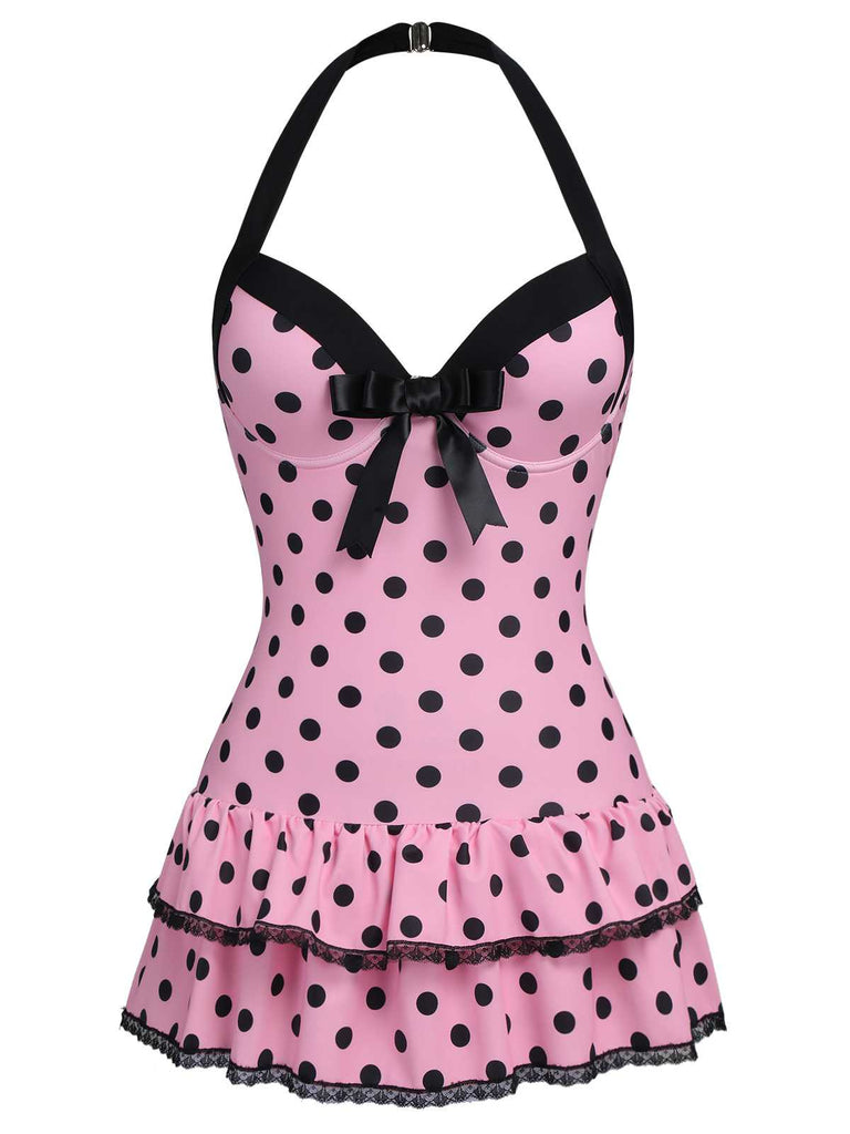 Maillot de bain une pièce rose à pois et nœud des années 1940