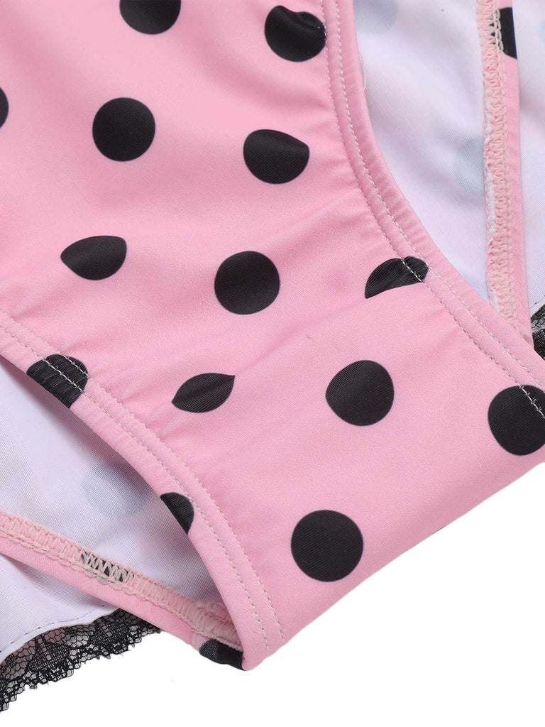 Maillot de bain une pièce rose à pois et nœud des années 1940
