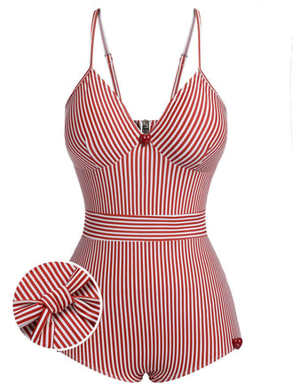 Maillot de bain rouge à rayures et bretelles spaghetti des années 1940