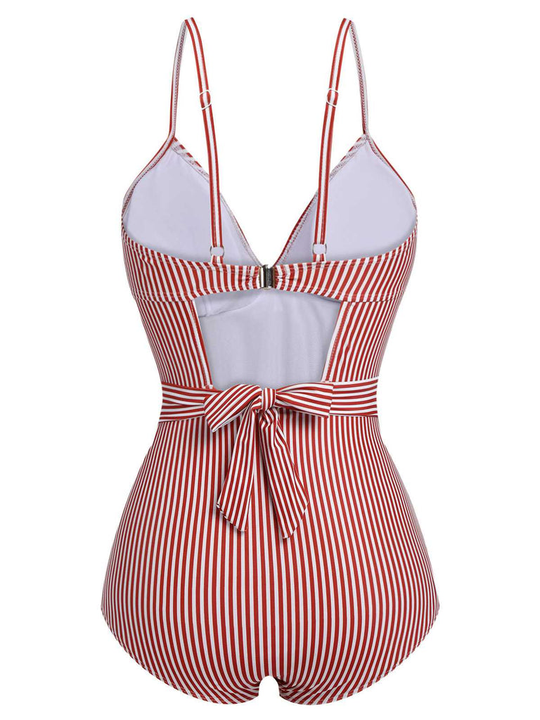 Maillot de bain rouge à rayures et bretelles spaghetti des années 1940