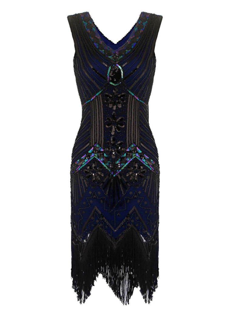 Robe Charleston Noir Cocktail Années 20 à Franges Paillettes Gatsby