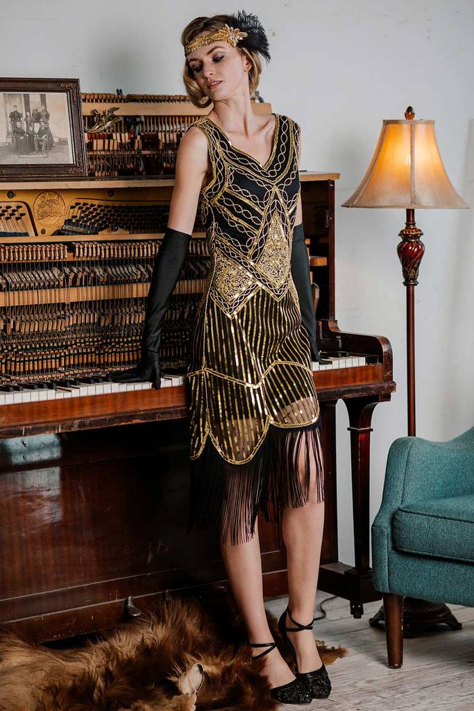 Robe Charleston Vintage Années 20 Gatsby à Paillettes Dorée Cocktail