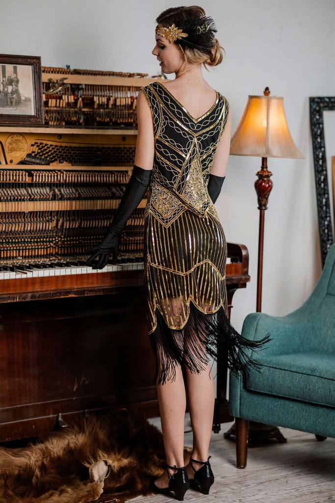 Robe Charleston Vintage Années 20 Gatsby à Paillettes Dorée Cocktail